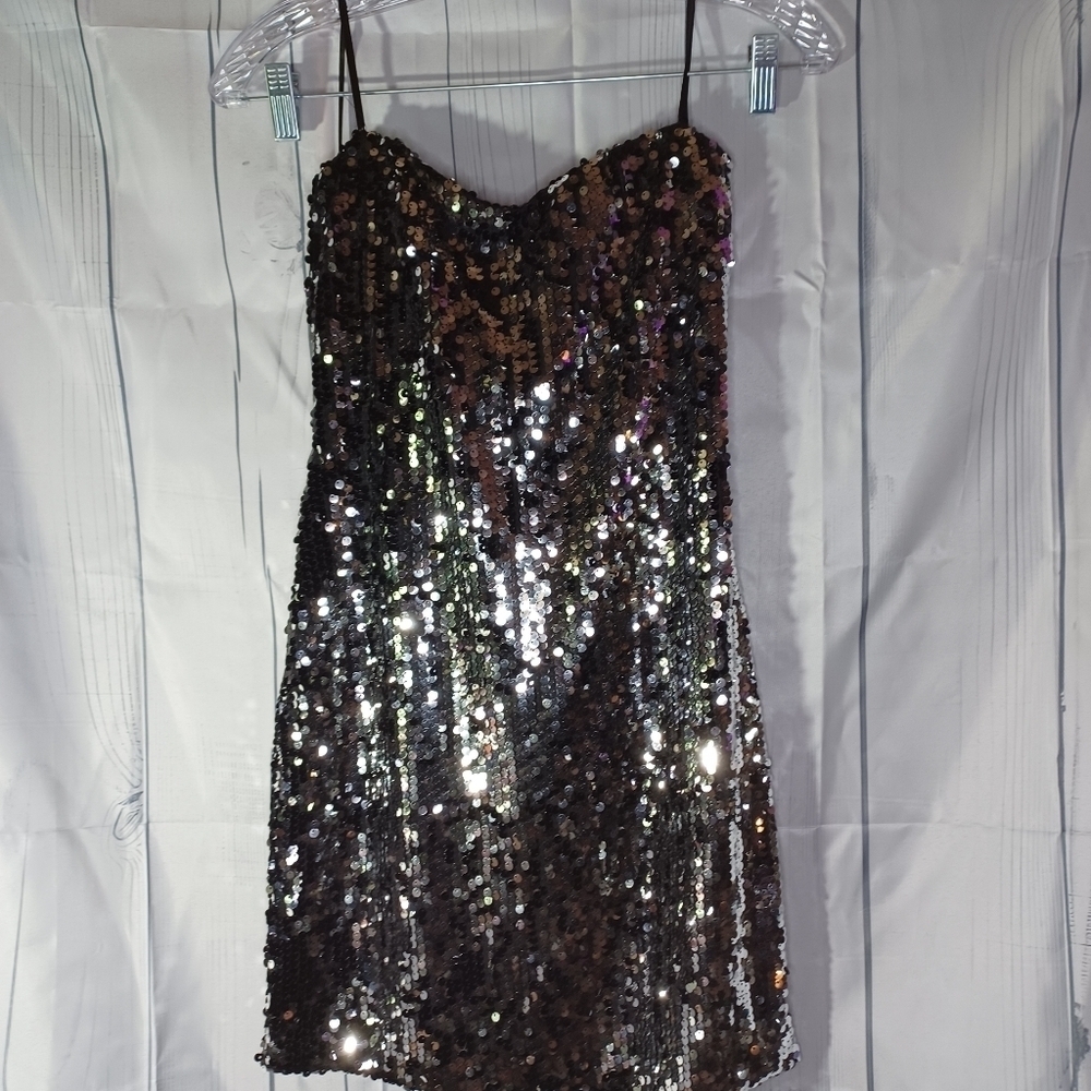 As U Wish black and silver sequin strapless bodycon mini dress - Picture 1 of 8